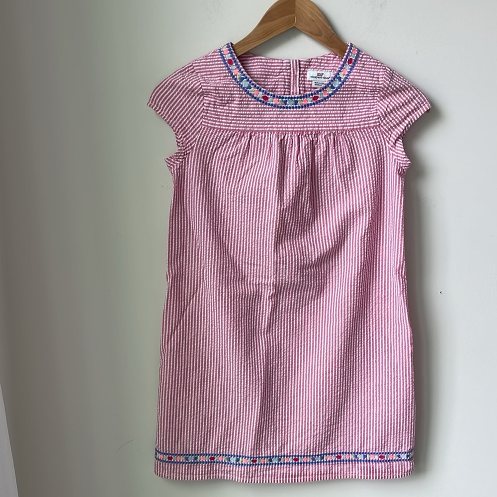 Vineyard Vines Girls Seersucker Embroidered Dress in Pink White Zip Back Size 14